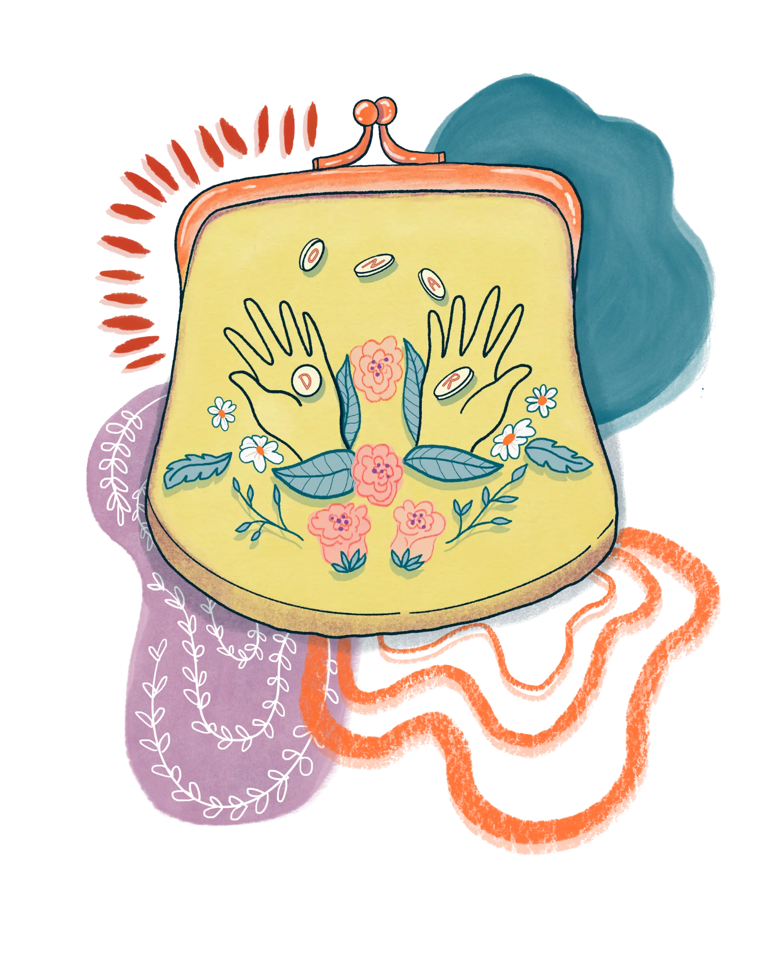Ilustración de un monedero con manos, flores y monedas