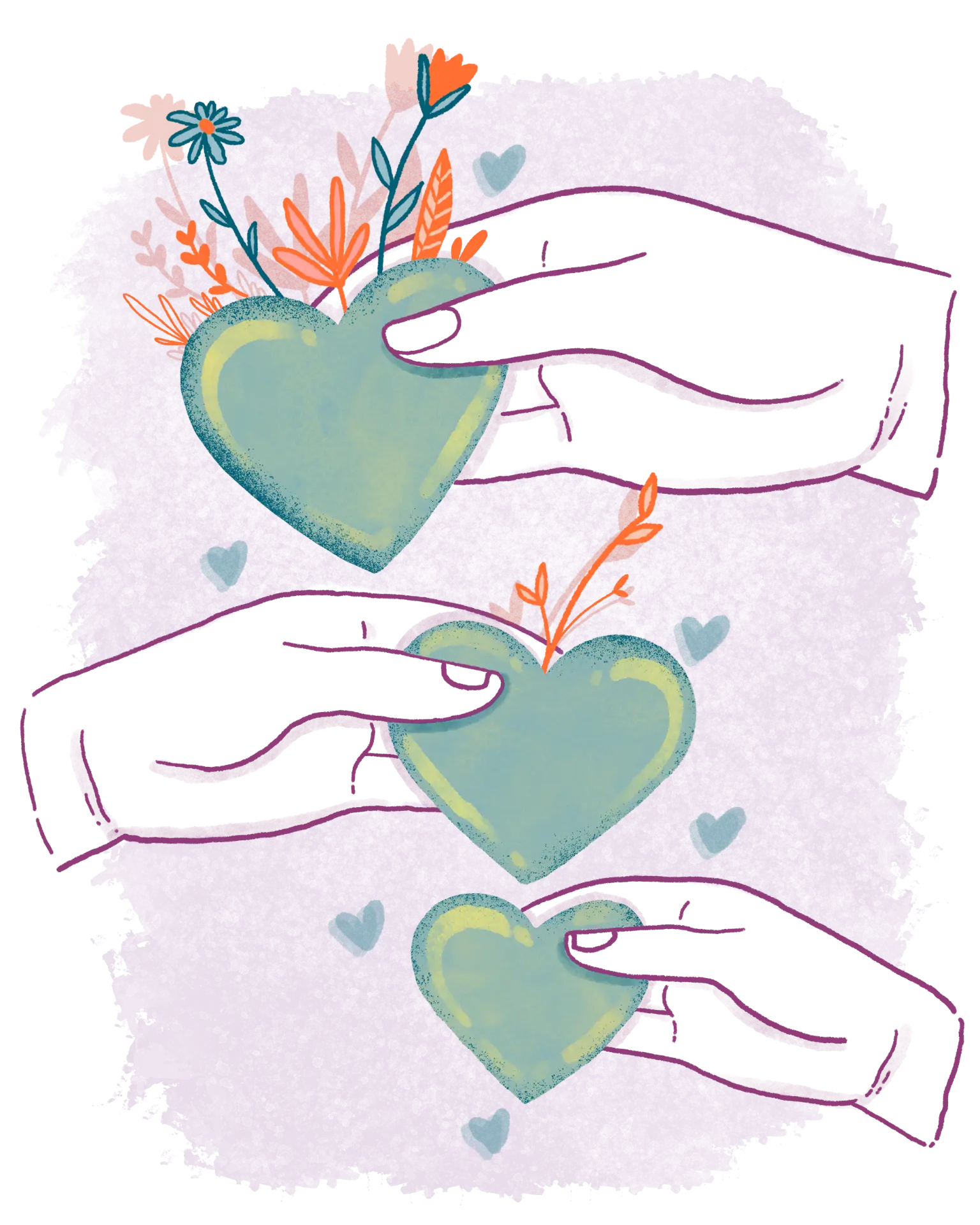 Ilustración de manos compartiendo corazones