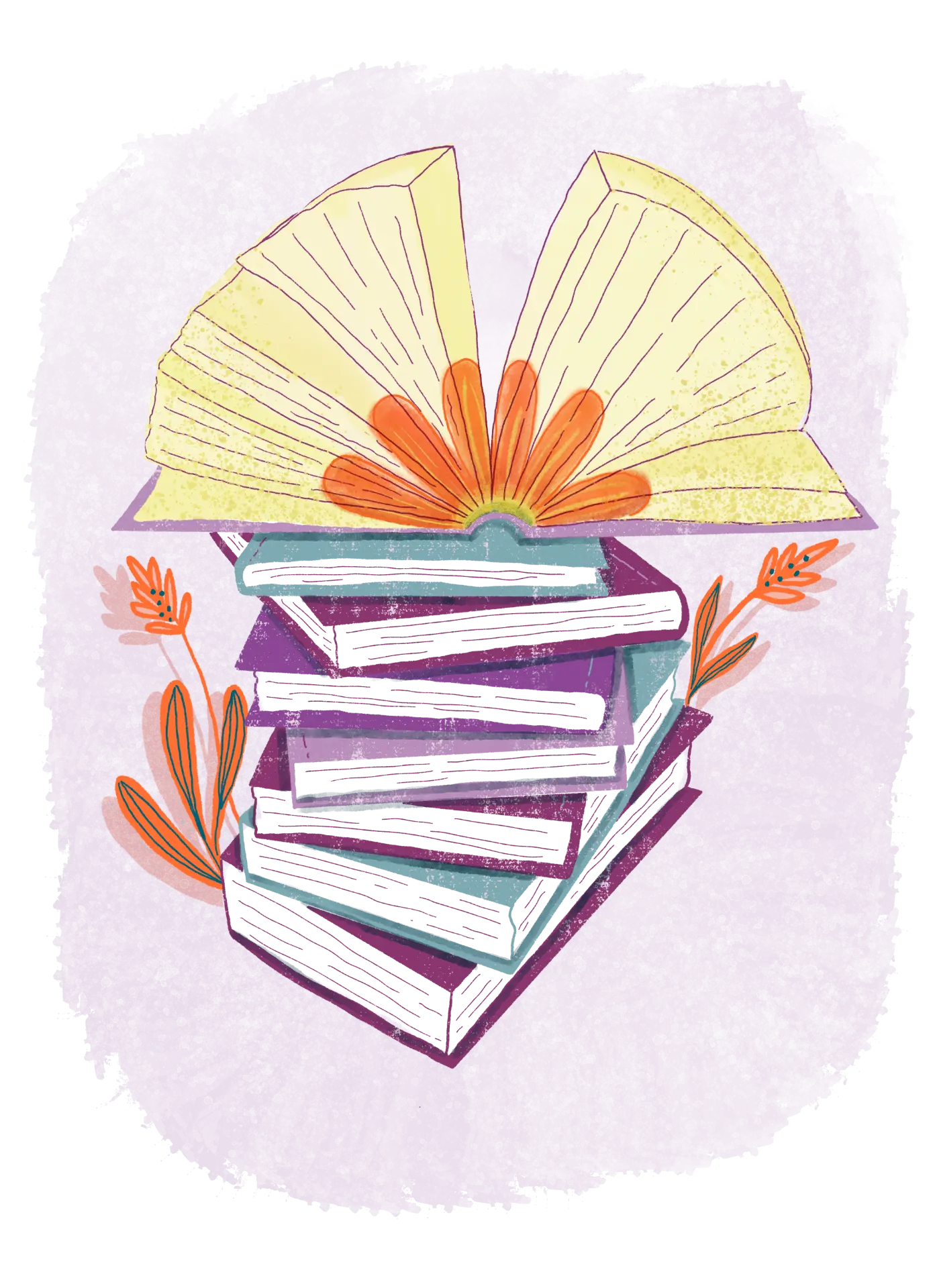 Ilustración de libros y un libro abierto en flor