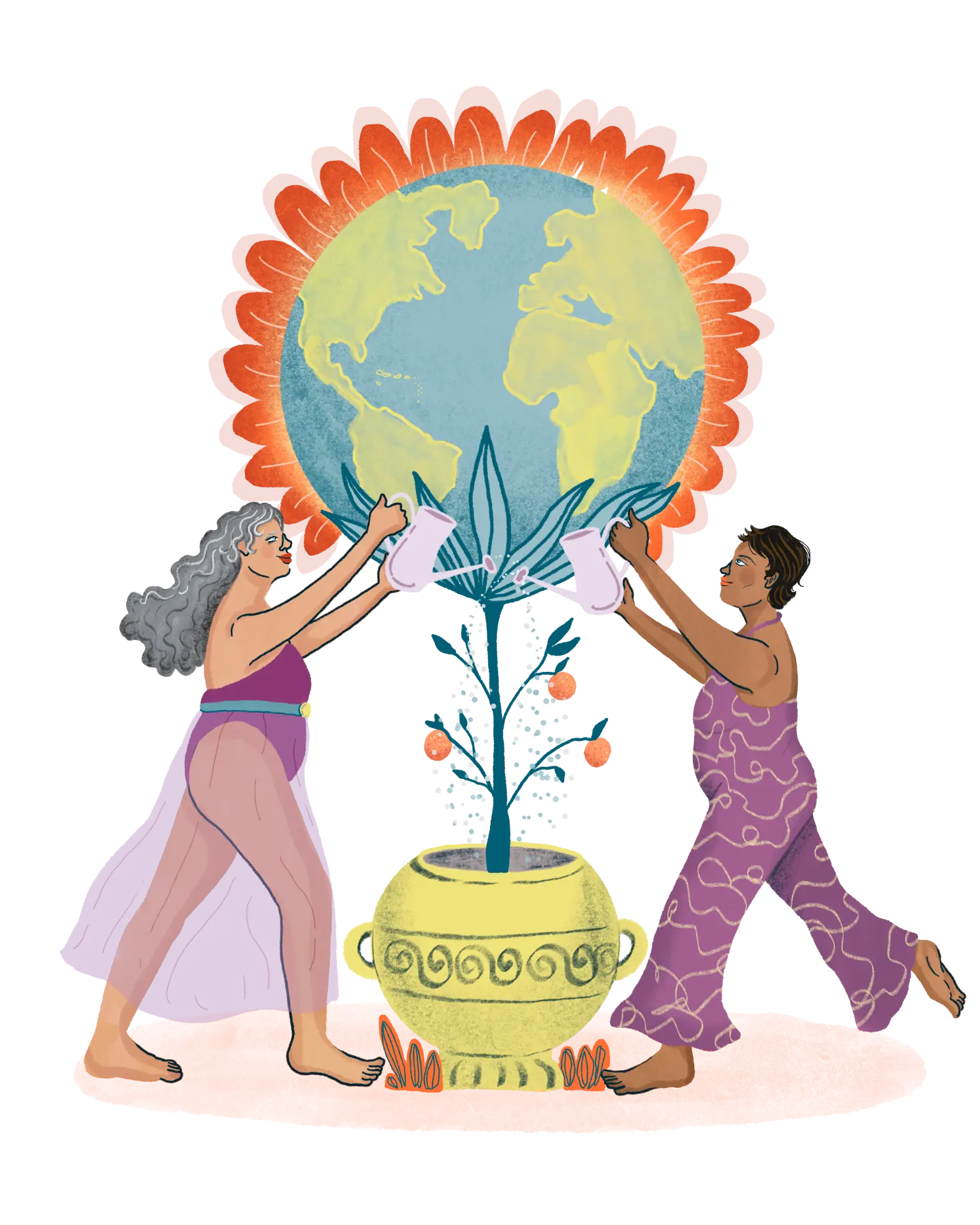 Ilustración de dos mujeres cultivando un futuro sostenible