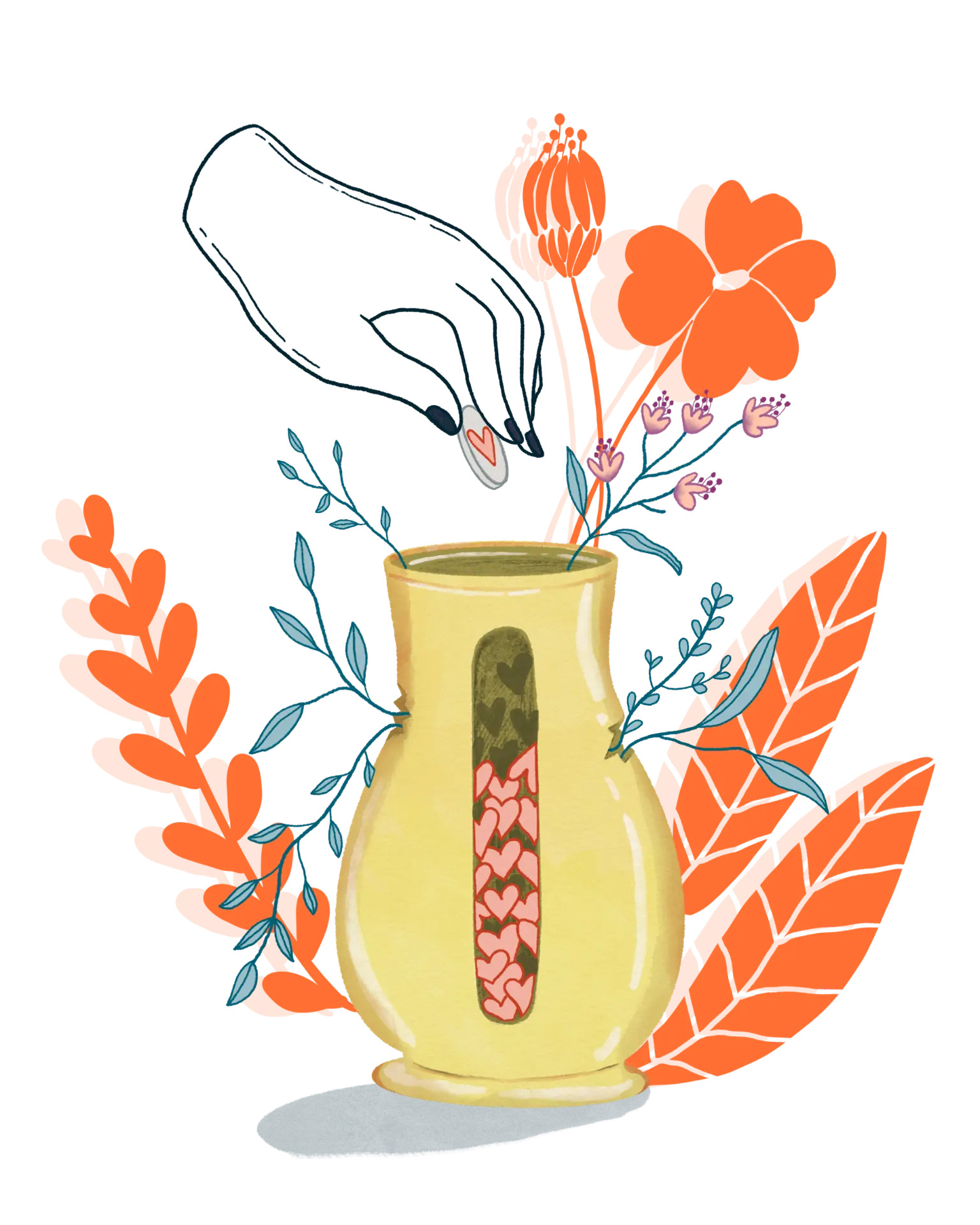Ilustración de un jarrón con flores y manos que aportan